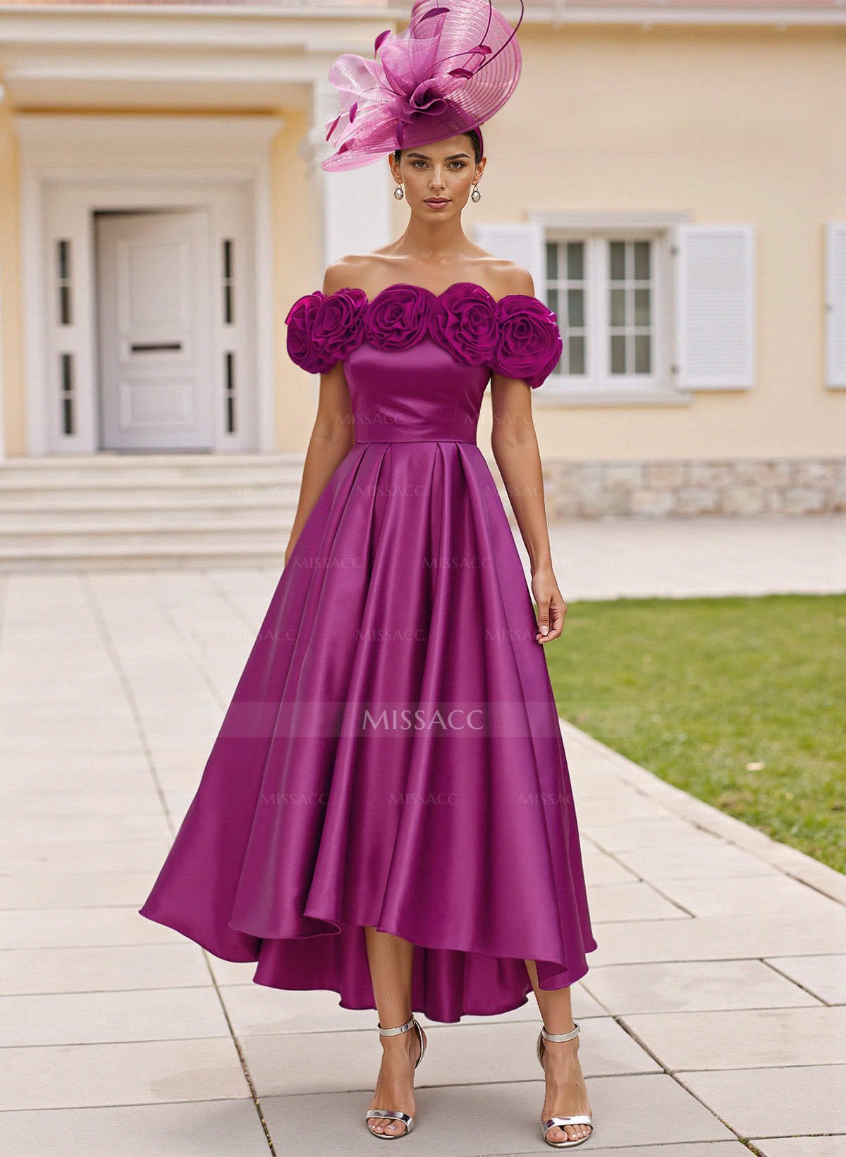 Elegant A-Line Off-The-Shoulder Asymmetrical Satin Cocktail Dresses With Flower