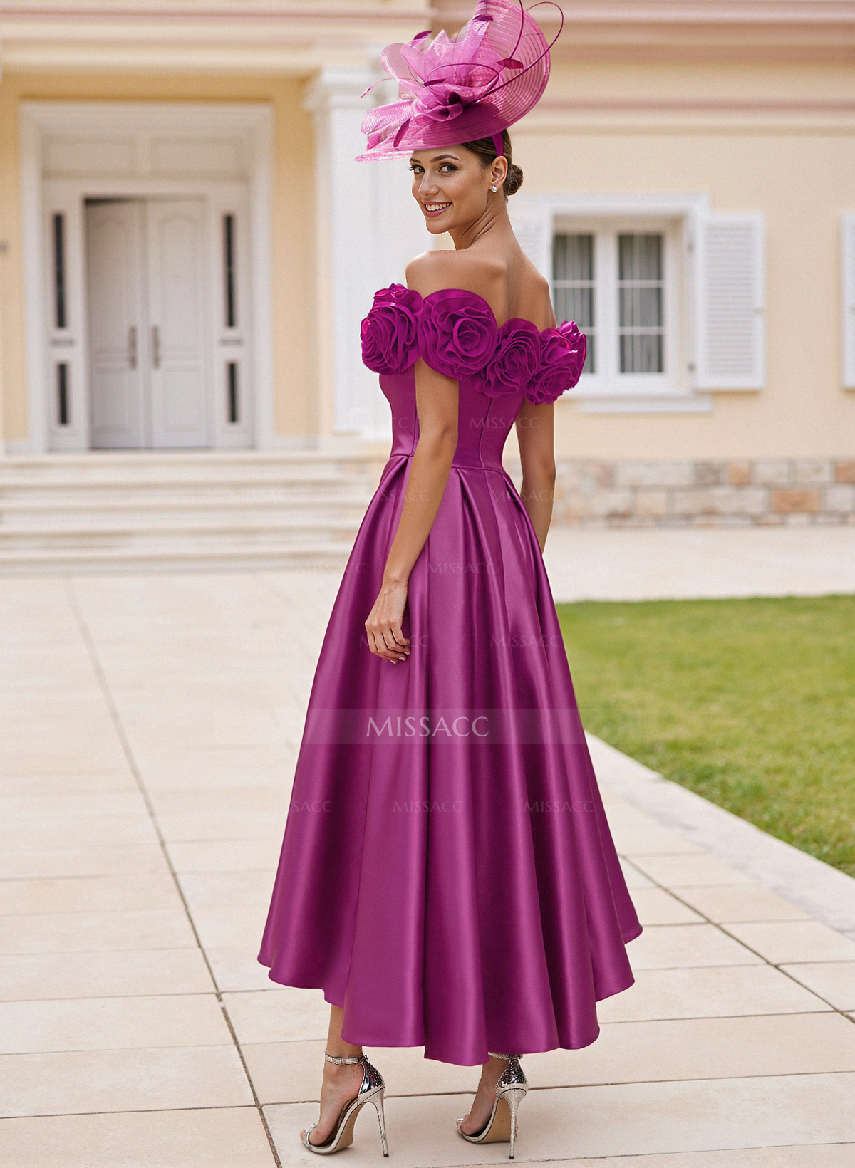Elegant A-Line Off-The-Shoulder Asymmetrical Satin Cocktail Dresses With Flower