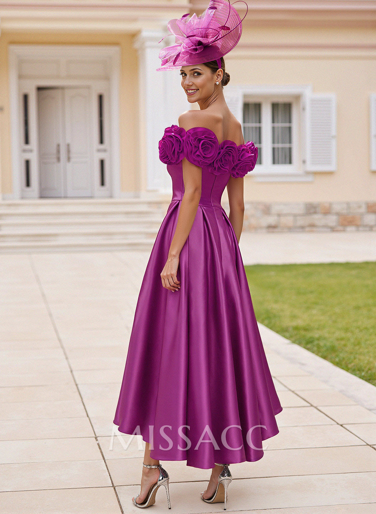 Elegant A-Line Off-The-Shoulder Asymmetrical Satin Cocktail Dresses With Flower Elegant A-Line Off-The-Shoulder Asymmetrical Satin Cocktail Dresses With Flower