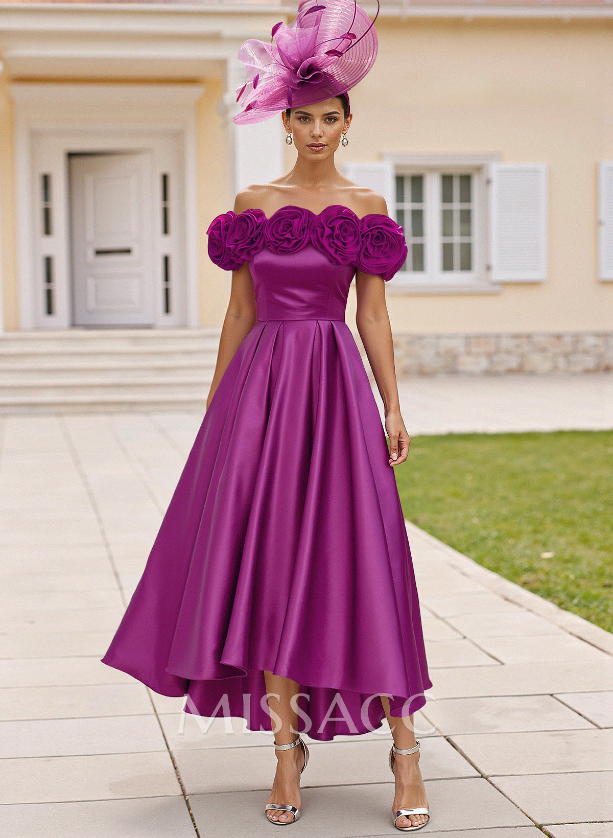 Elegant A-Line Off-The-Shoulder Asymmetrical Satin Cocktail Dresses With Flower Elegant A-Line Off-The-Shoulder Asymmetrical Satin Cocktail Dresses With Flower