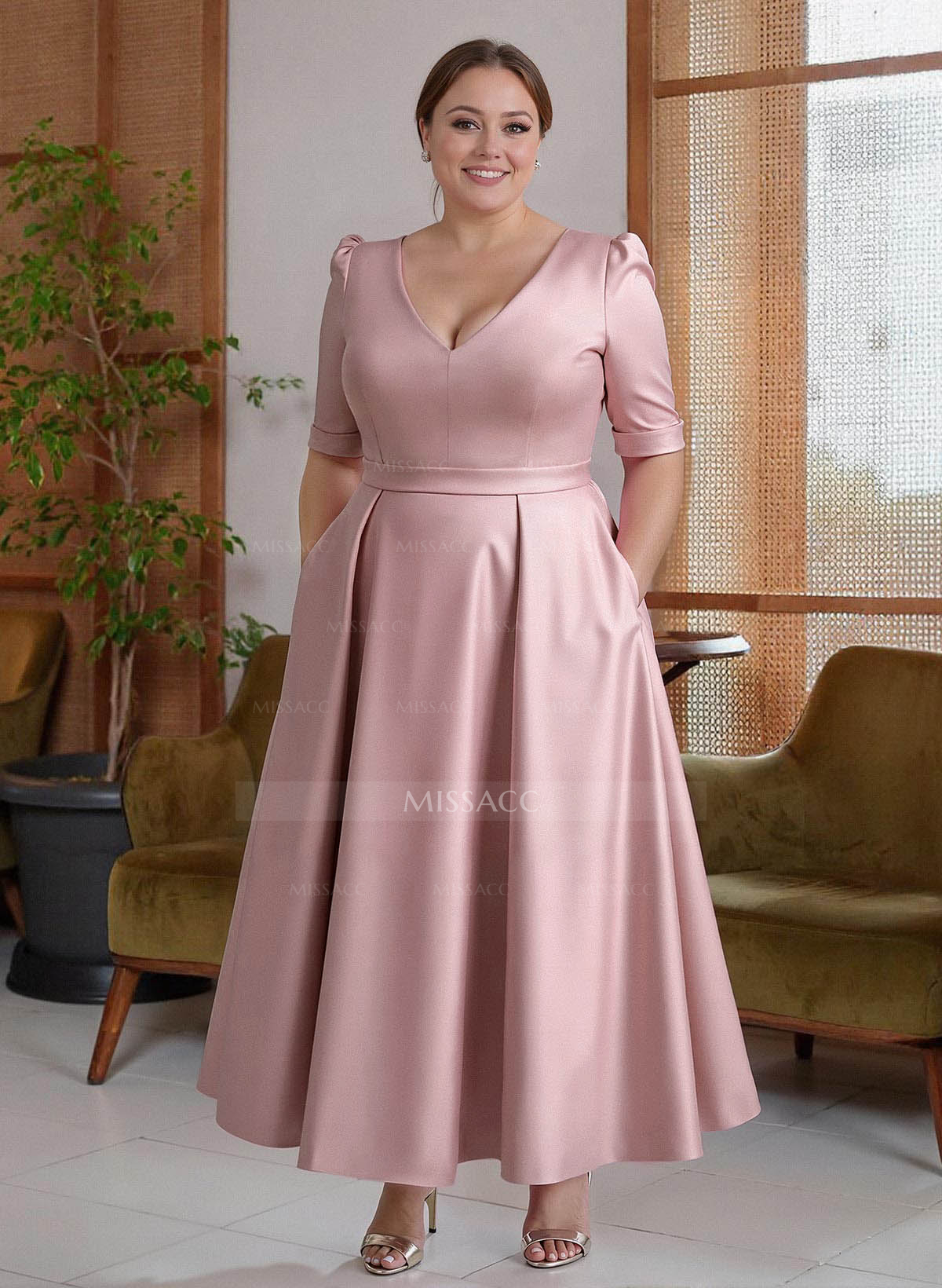 A-Line V-Neck 1/2 Sleeves Ankle-Length Satin Cocktail Dresses