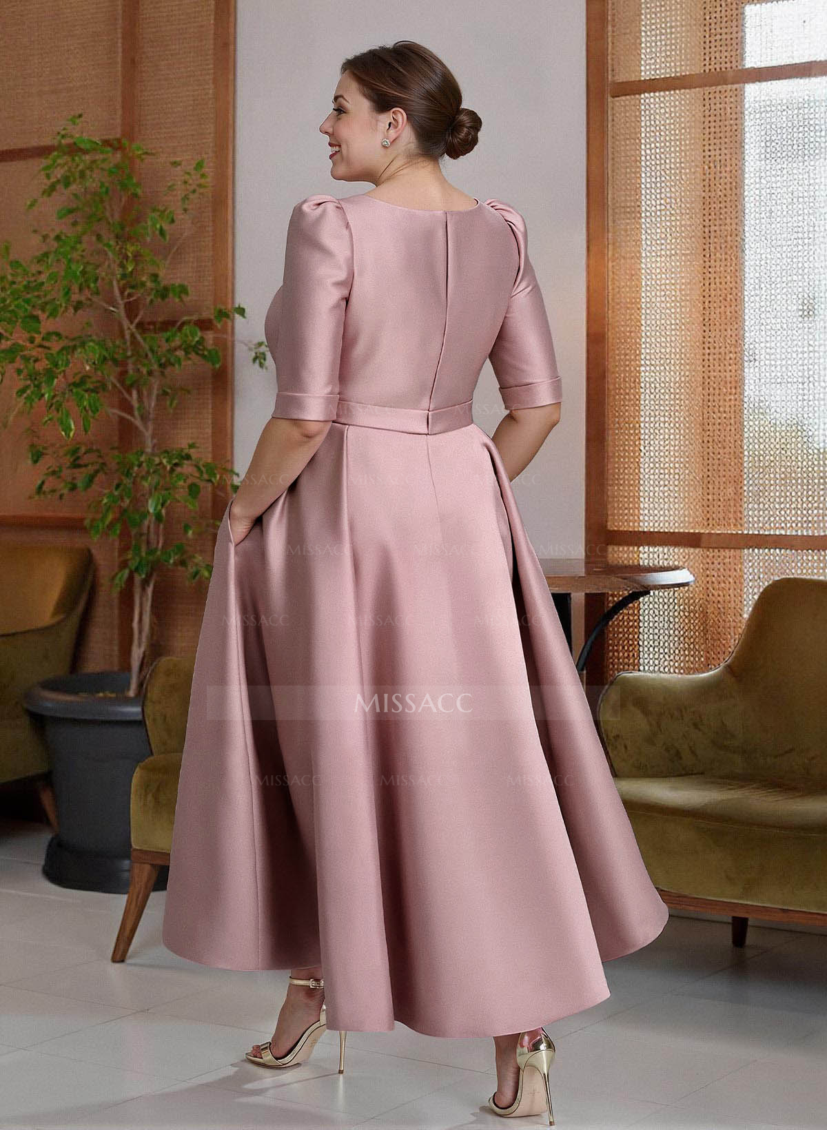 A-Line V-Neck 1/2 Sleeves Ankle-Length Satin Cocktail Dresses