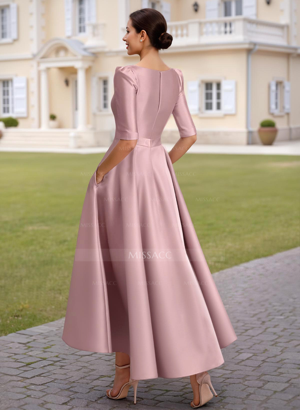 A-Line V-Neck 1/2 Sleeves Ankle-Length Satin Cocktail Dresses
