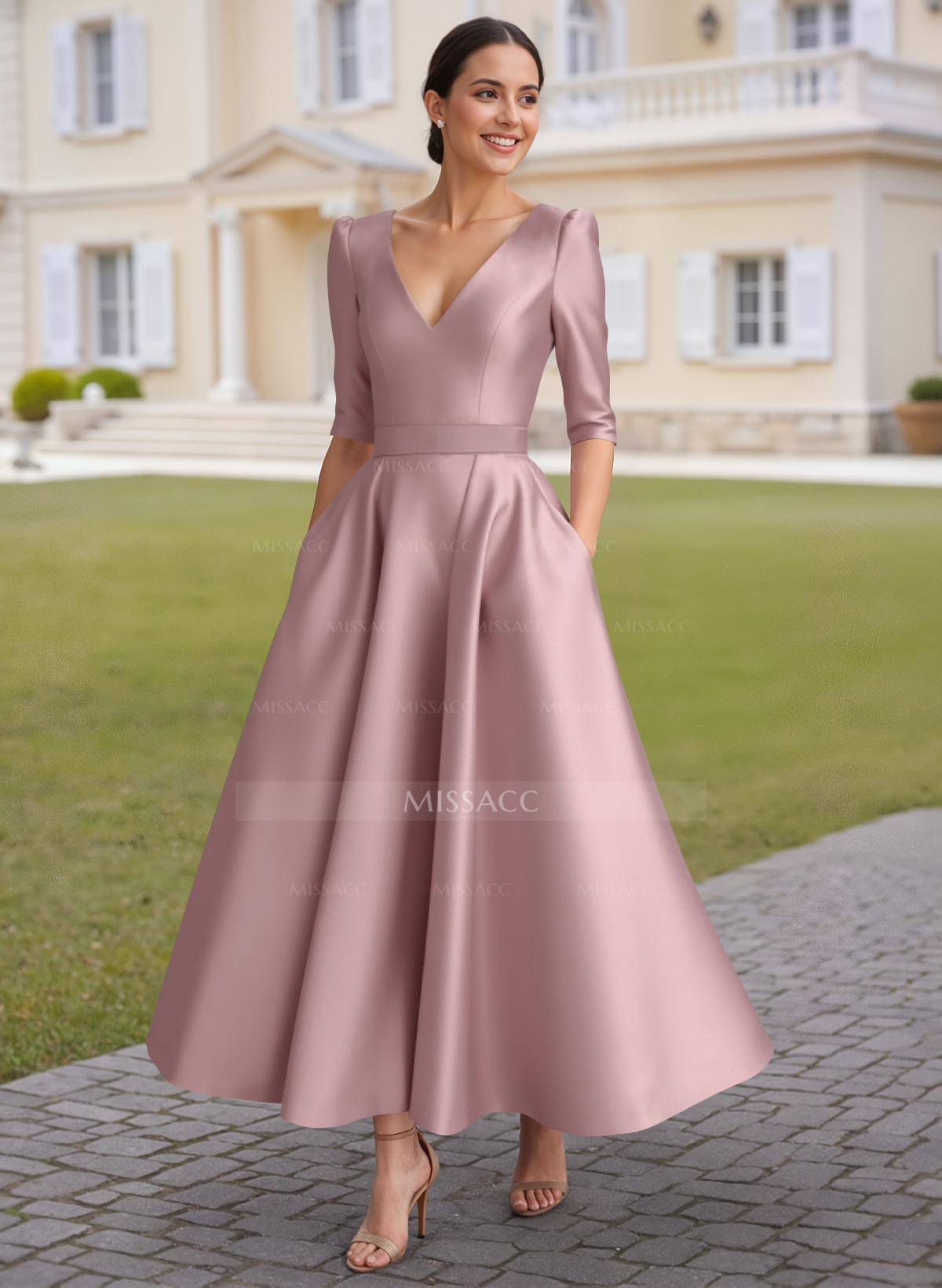 A-Line V-Neck 1/2 Sleeves Ankle-Length Satin Cocktail Dresses