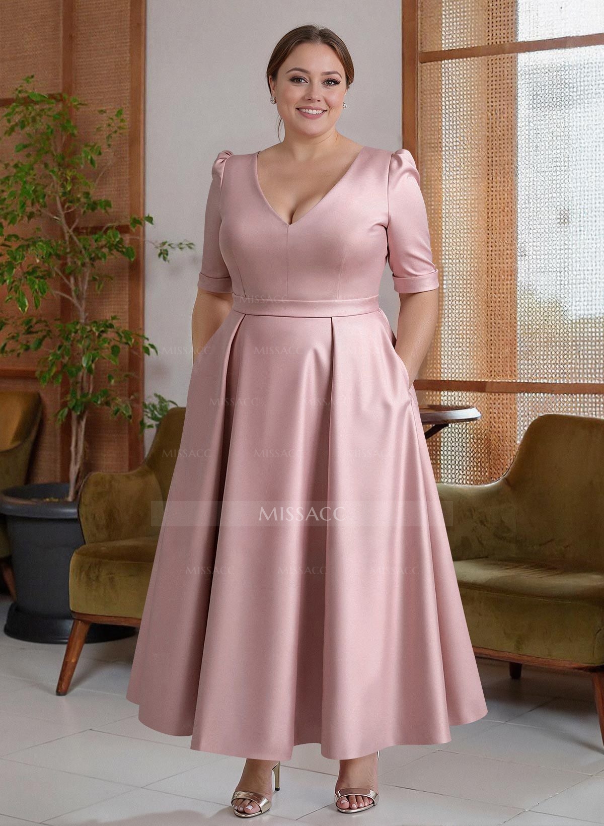 A-Line V-Neck 1/2 Sleeves Ankle-Length Satin Cocktail Dresses