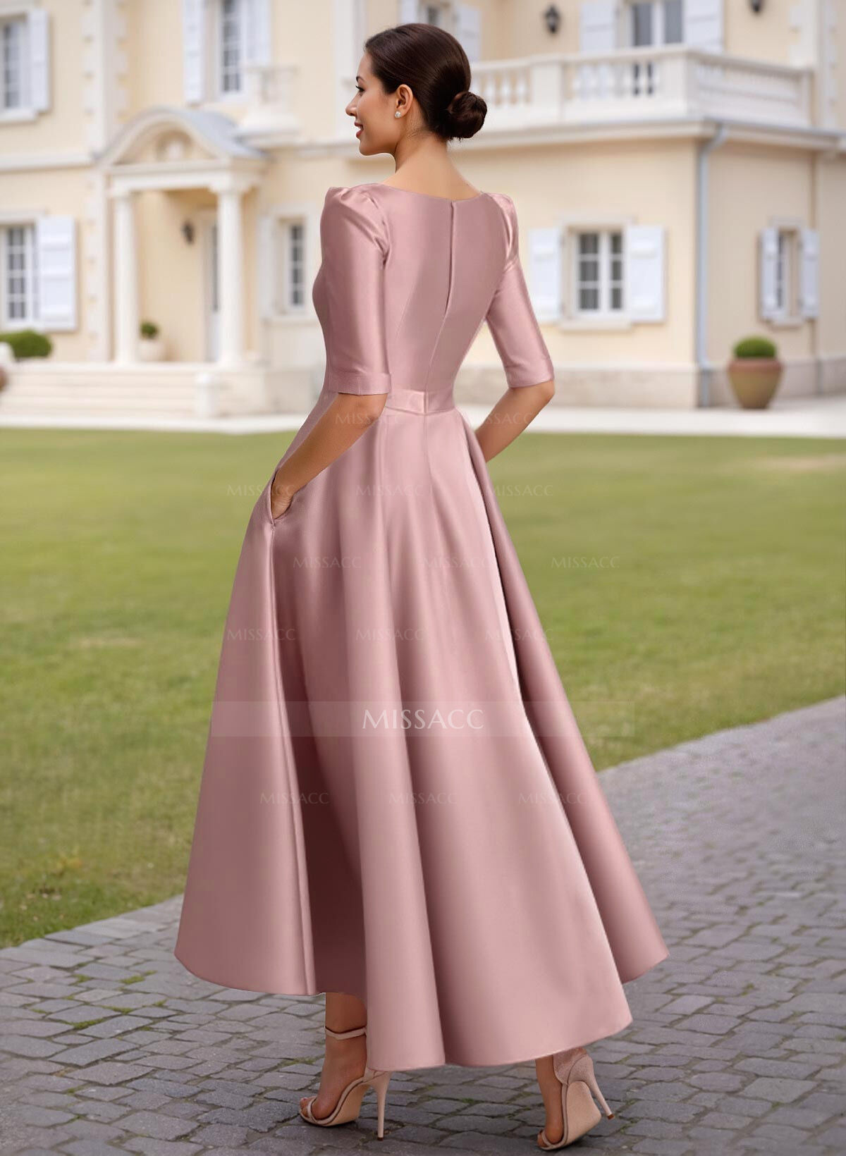 A-Line V-Neck 1/2 Sleeves Ankle-Length Satin Cocktail Dresses