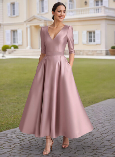 A-Line V-Neck Half Sleeve Ankle-Length Satin Cocktail Dresses