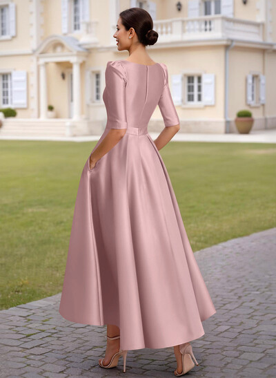 A-Line V-Neck Half Sleeve Ankle-Length Satin Cocktail Dresses
