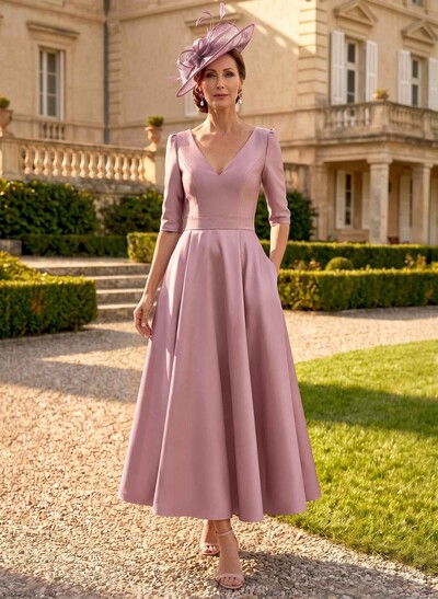 A-Line V-Neck 1/2 Sleeves Ankle-Length Satin Cocktail Dresses
