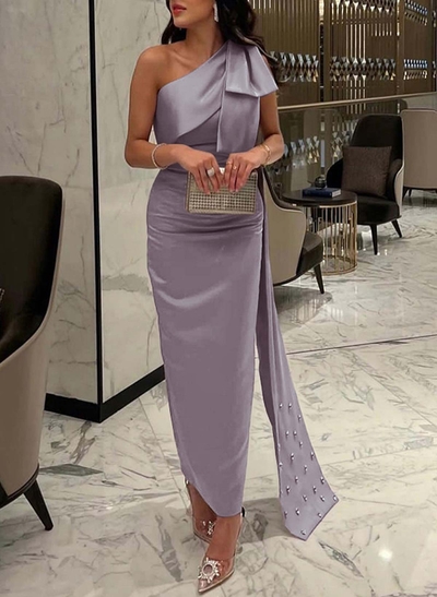 Sheath/Column One-Shoulder Sleeveless Satin Cocktail Dresses With Bow(s)