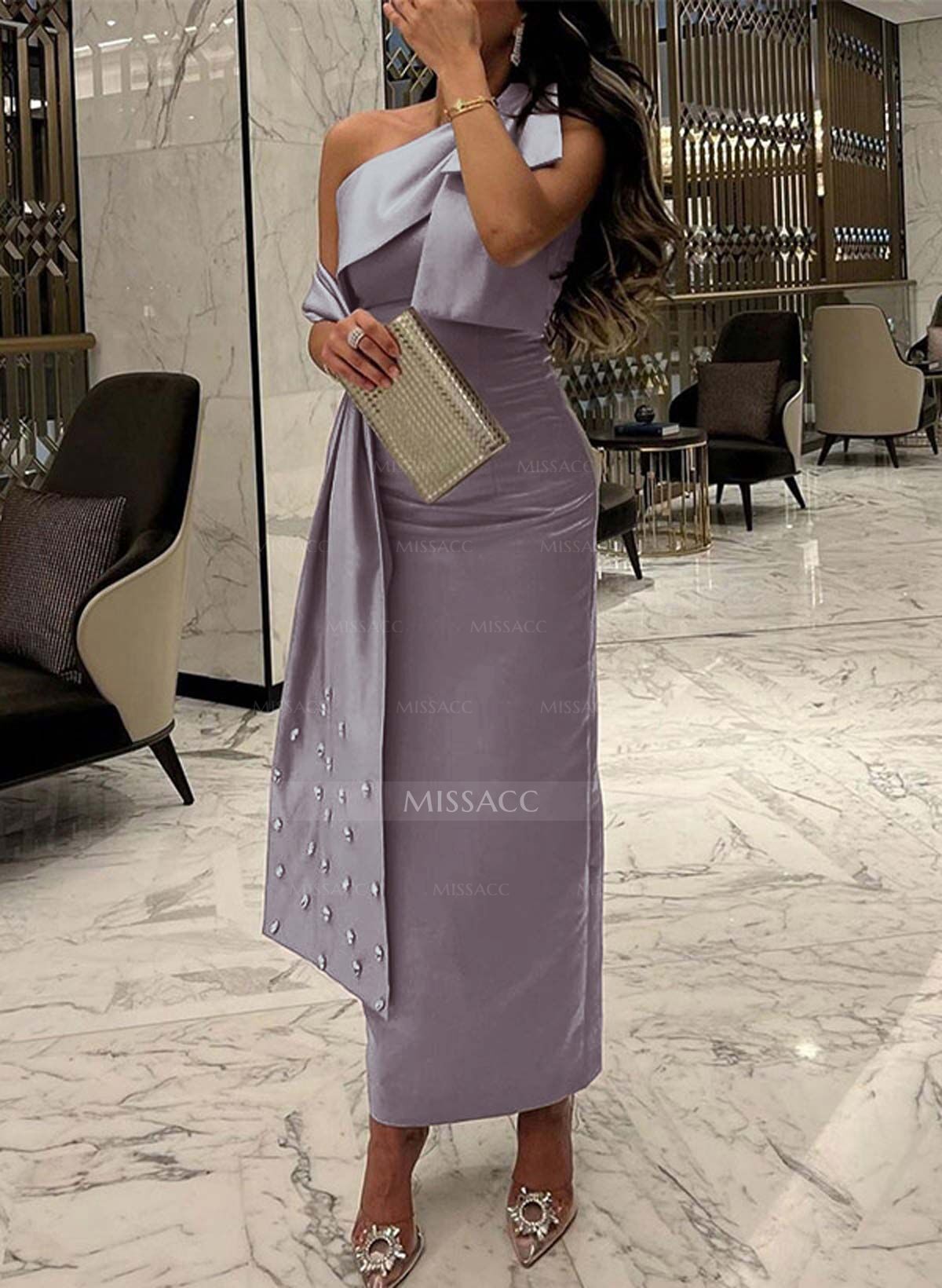 Sheath/Column One-Shoulder Sleeveless Satin Cocktail Dresses With Bow(s)