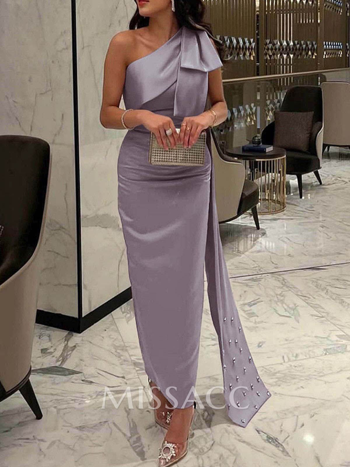 Sheath/Column One-Shoulder Sleeveless Satin Cocktail Dresses With Bow(s)