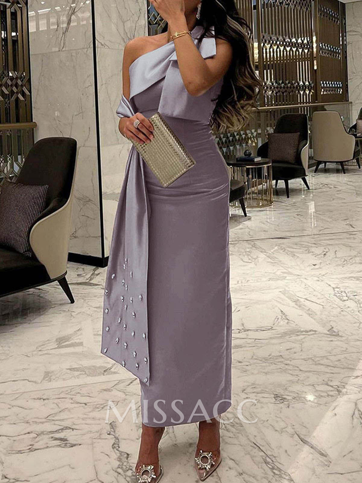 Sheath/Column One-Shoulder Sleeveless Satin Cocktail Dresses With Bow(s)