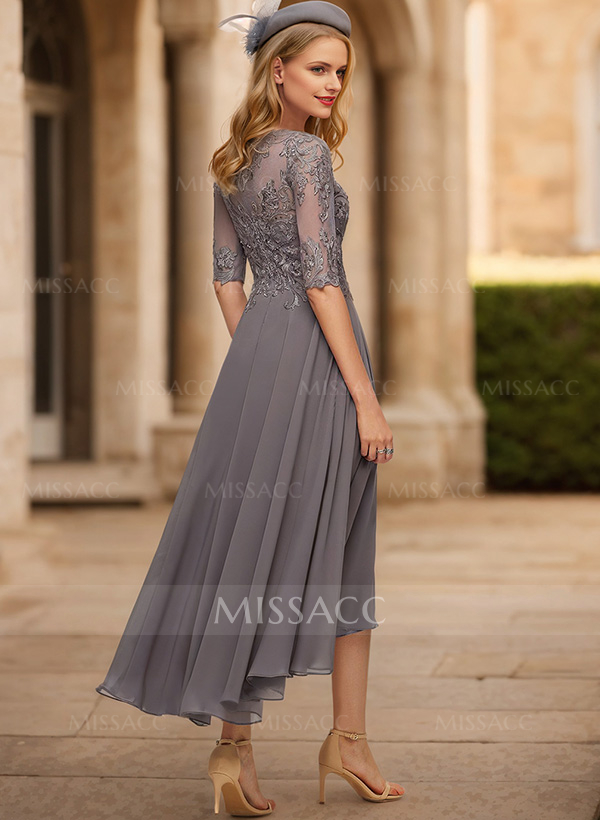 A-Line Illusion Neck Chiffon Cocktail Dresses With Appliques Lace