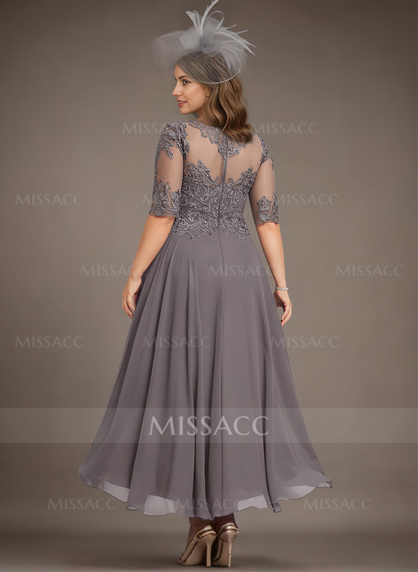 A-Line Illusion Neck Chiffon Cocktail Dresses With Appliques Lace