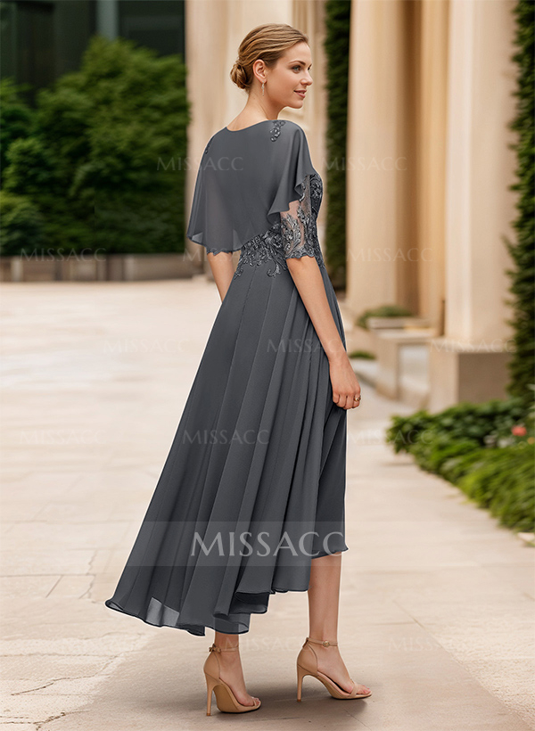 A-Line Illusion Neck Chiffon Cocktail Dresses With Appliques Lace