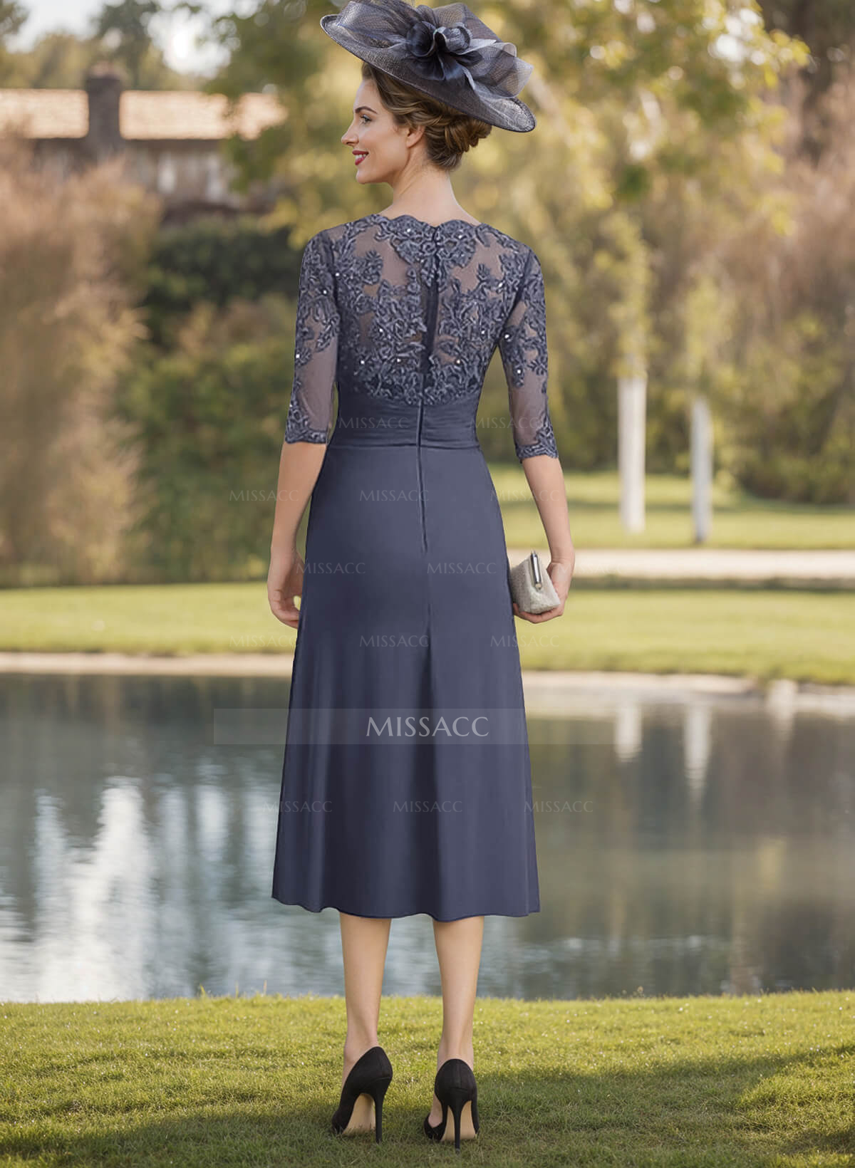 Exquisite Semi Sheer Illusion Lace Applique Sleeves Chiffon Cocktail Dresses
