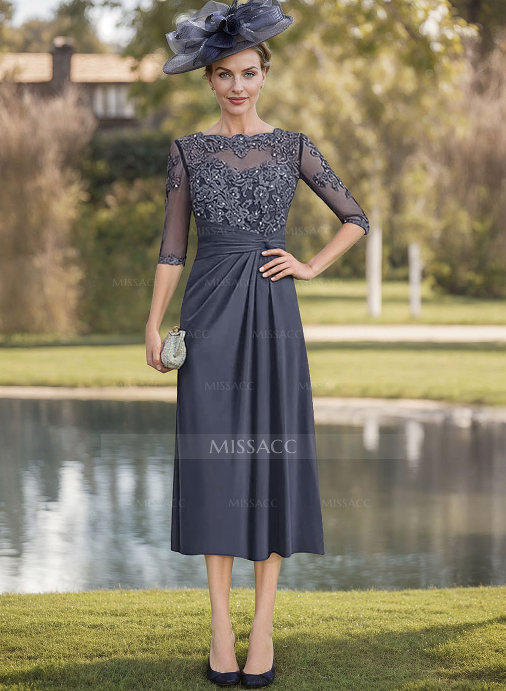 Exquisite Semi Sheer Illusion Lace Applique Sleeves Chiffon Cocktail Dresses