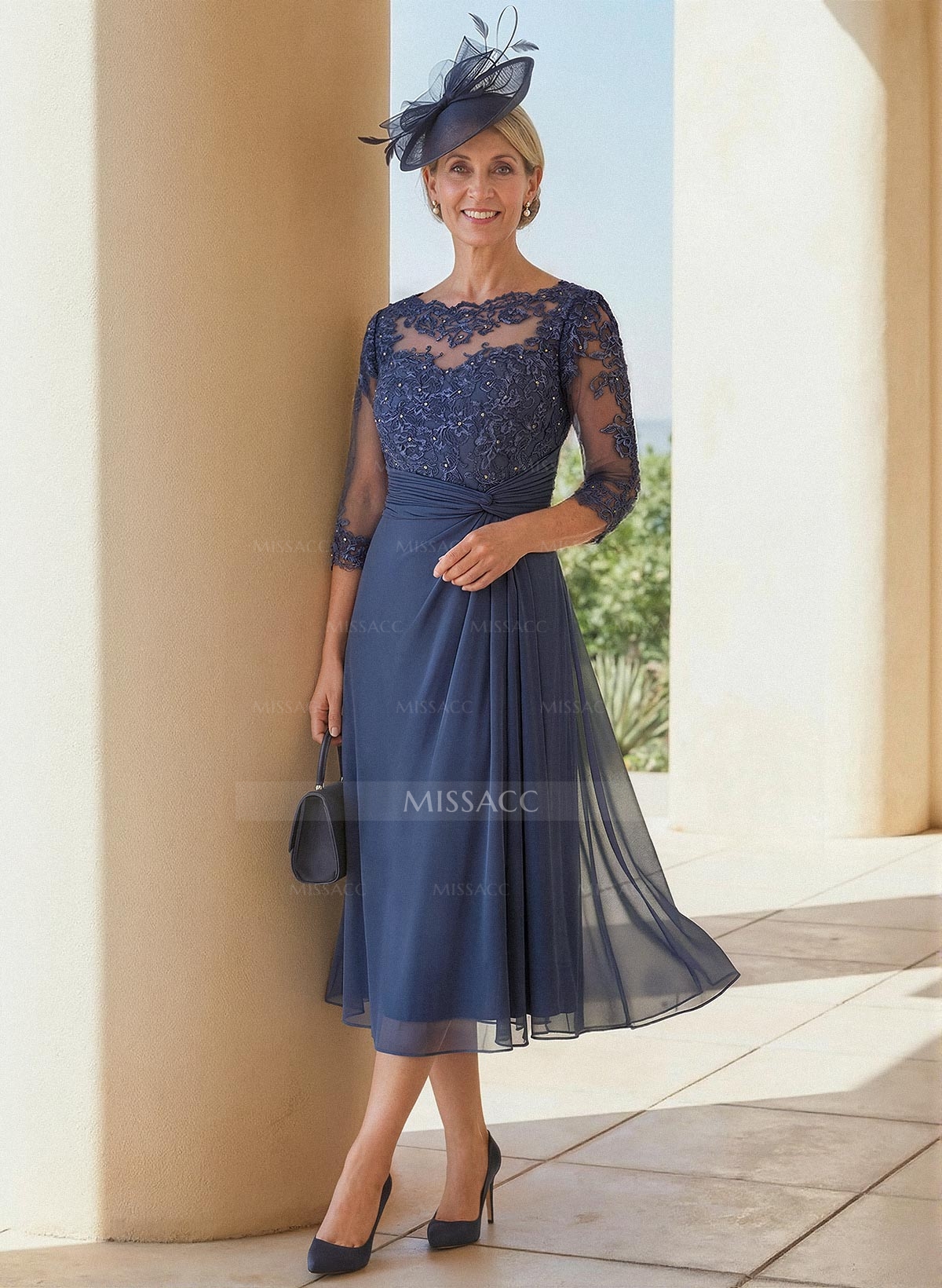 Exquisite Semi Sheer Illusion Lace Applique Sleeves Chiffon Cocktail Dresses