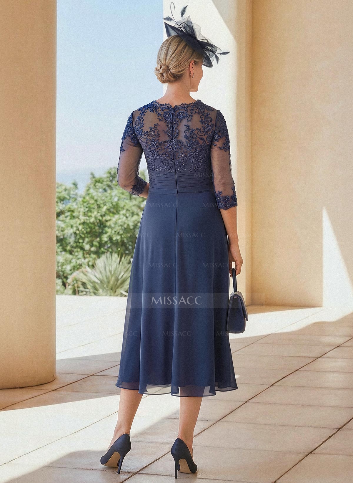 Exquisite Semi Sheer Illusion Lace Applique Sleeves Chiffon Cocktail Dresses