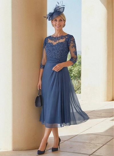 Exquisite Semi Sheer Illusion Lace Applique Sleeves Chiffon Cocktail Dresses