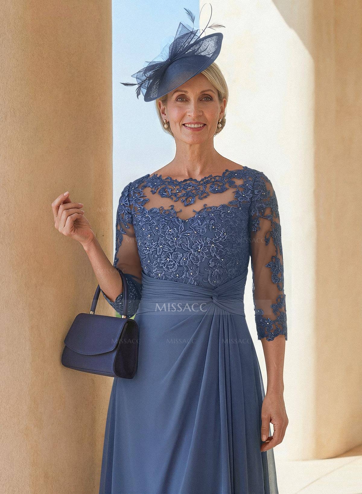 Exquisite Semi Sheer Illusion Lace Applique Sleeves Chiffon Cocktail Dresses