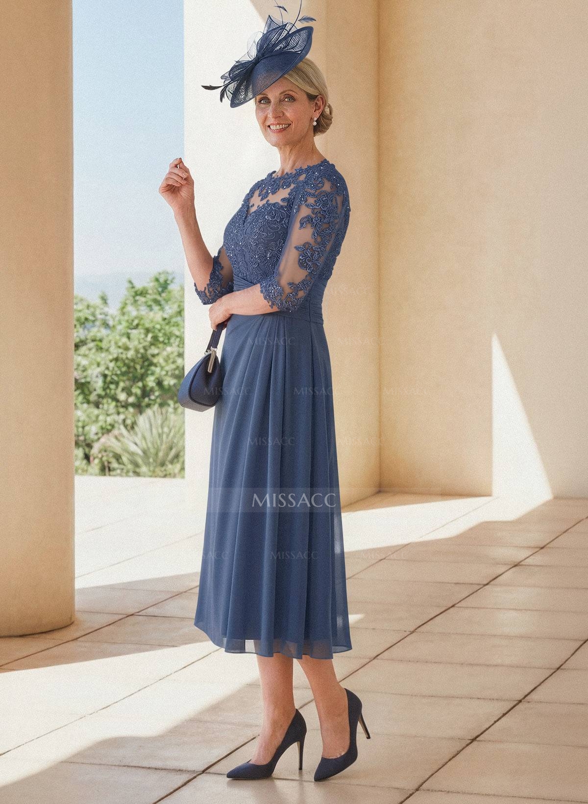 Exquisite Semi Sheer Illusion Lace Applique Sleeves Chiffon Cocktail Dresses