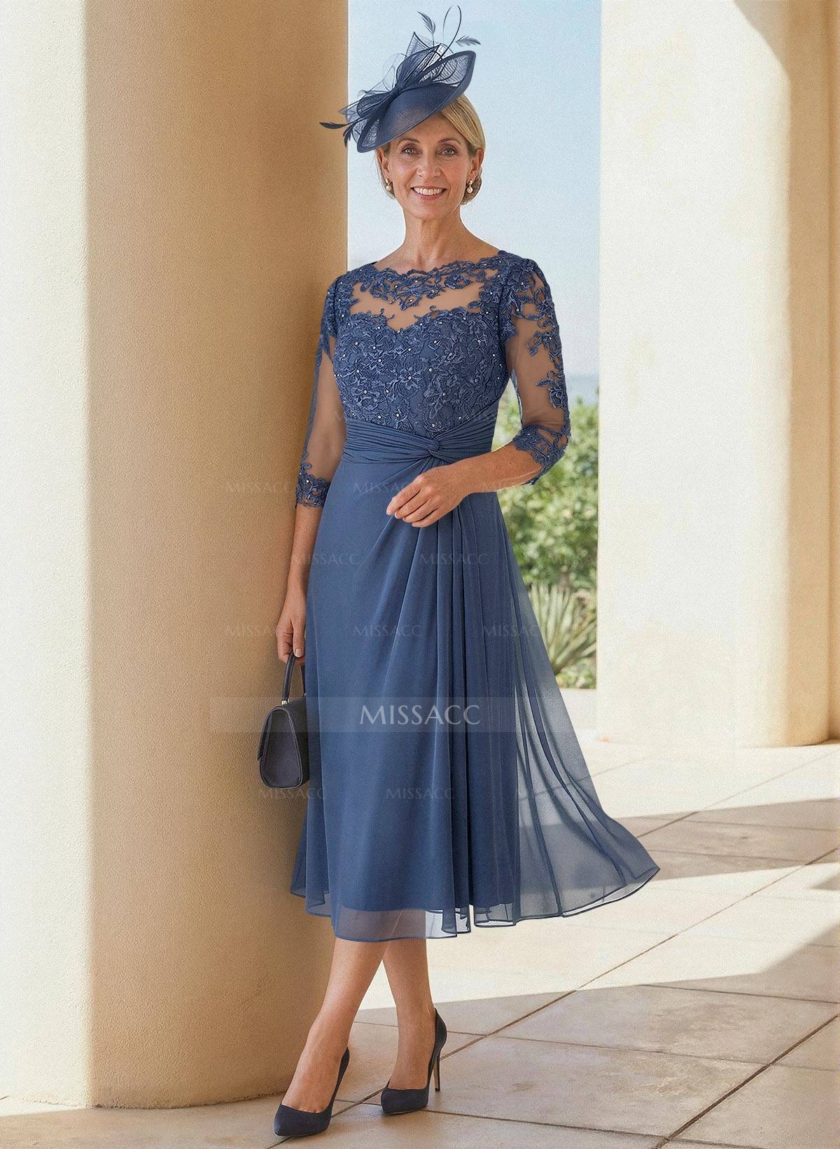 Exquisite Semi Sheer Illusion Lace Applique Sleeves Chiffon Cocktail Dresses