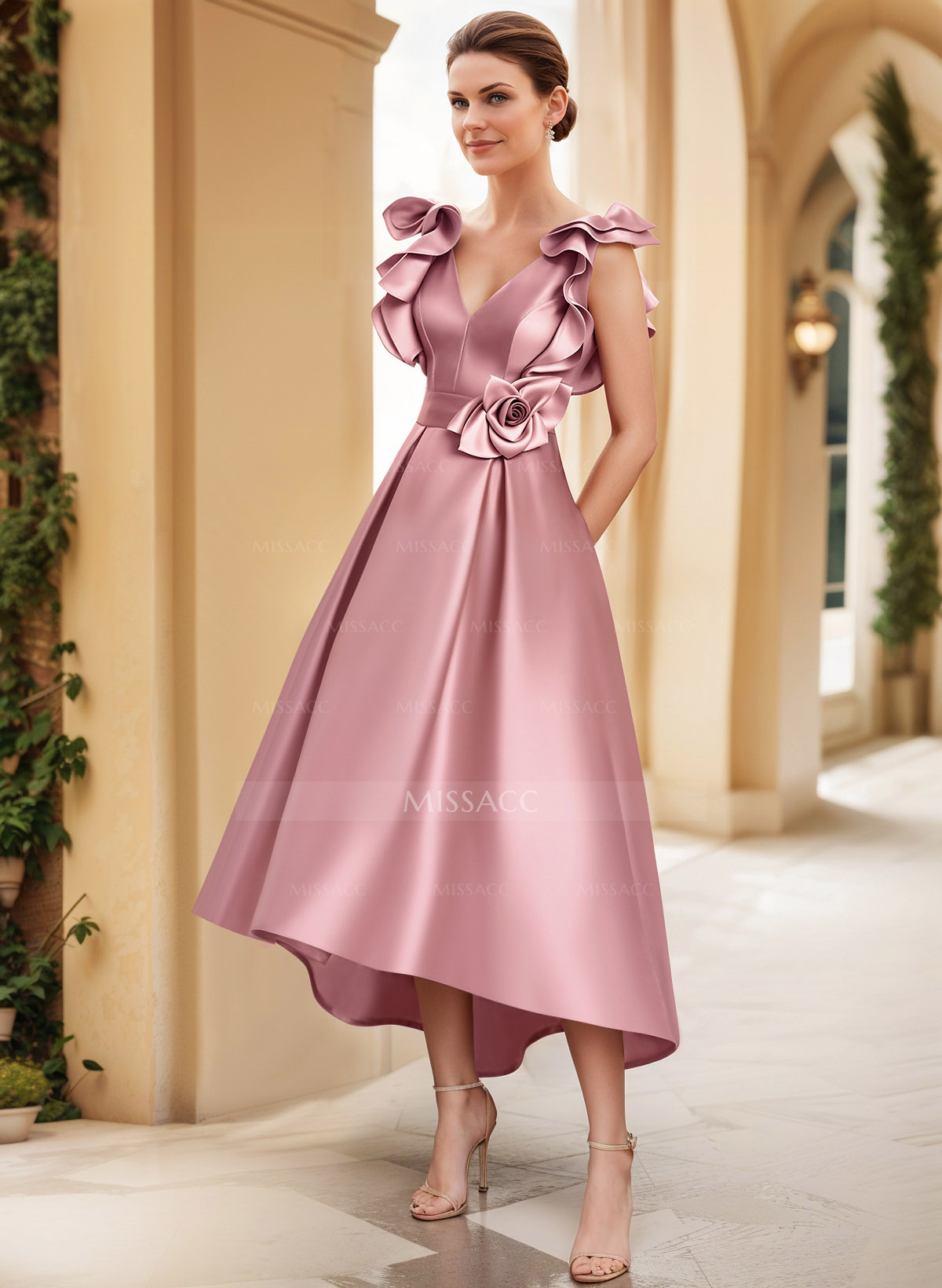A-Line V-Neck Sleeveless Satin Cocktail Dresses With Flower(s)