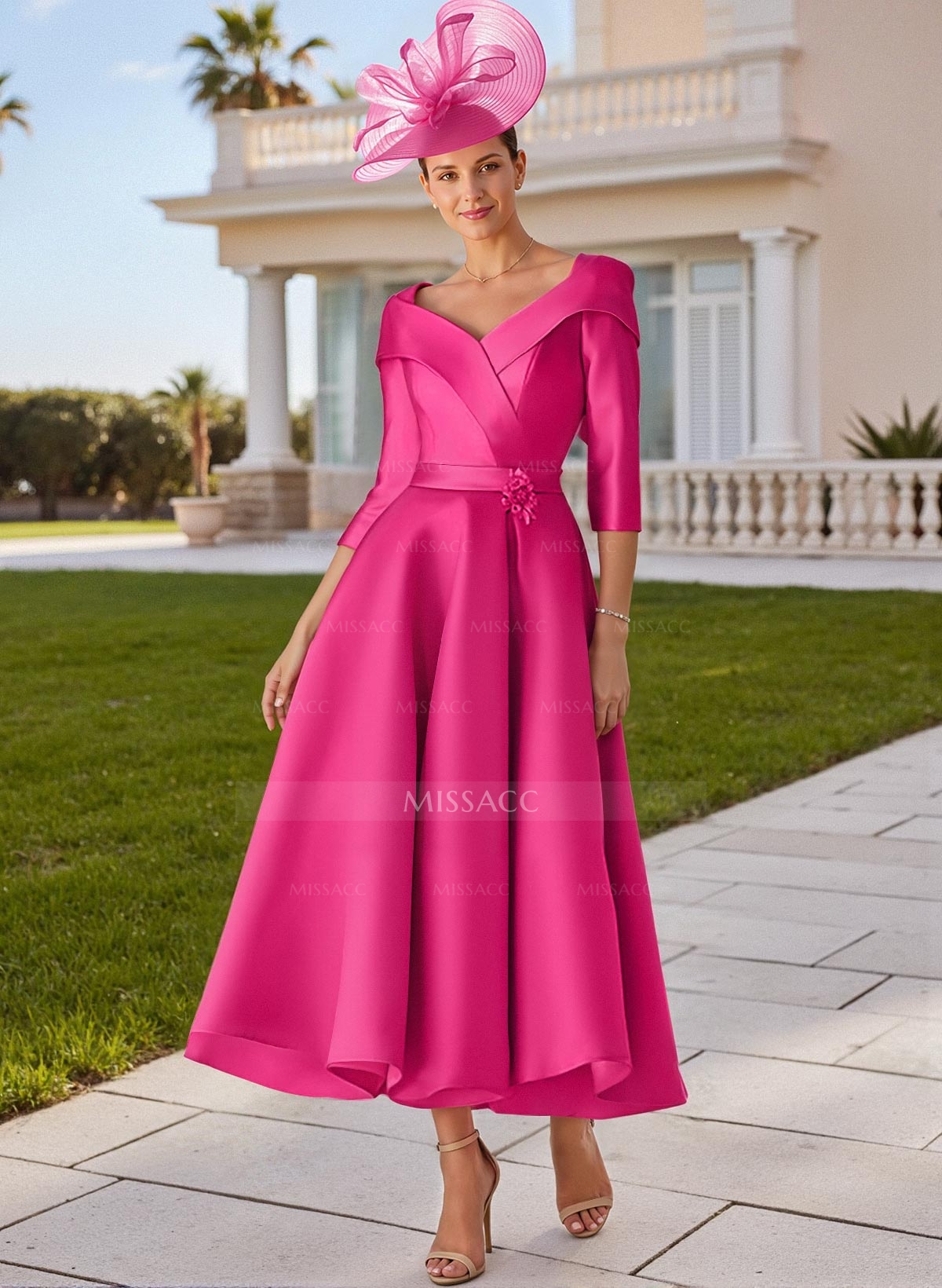 A-Line V-Neck 3/4 Sleeves Satin Cocktail Dresses With Bow(s)