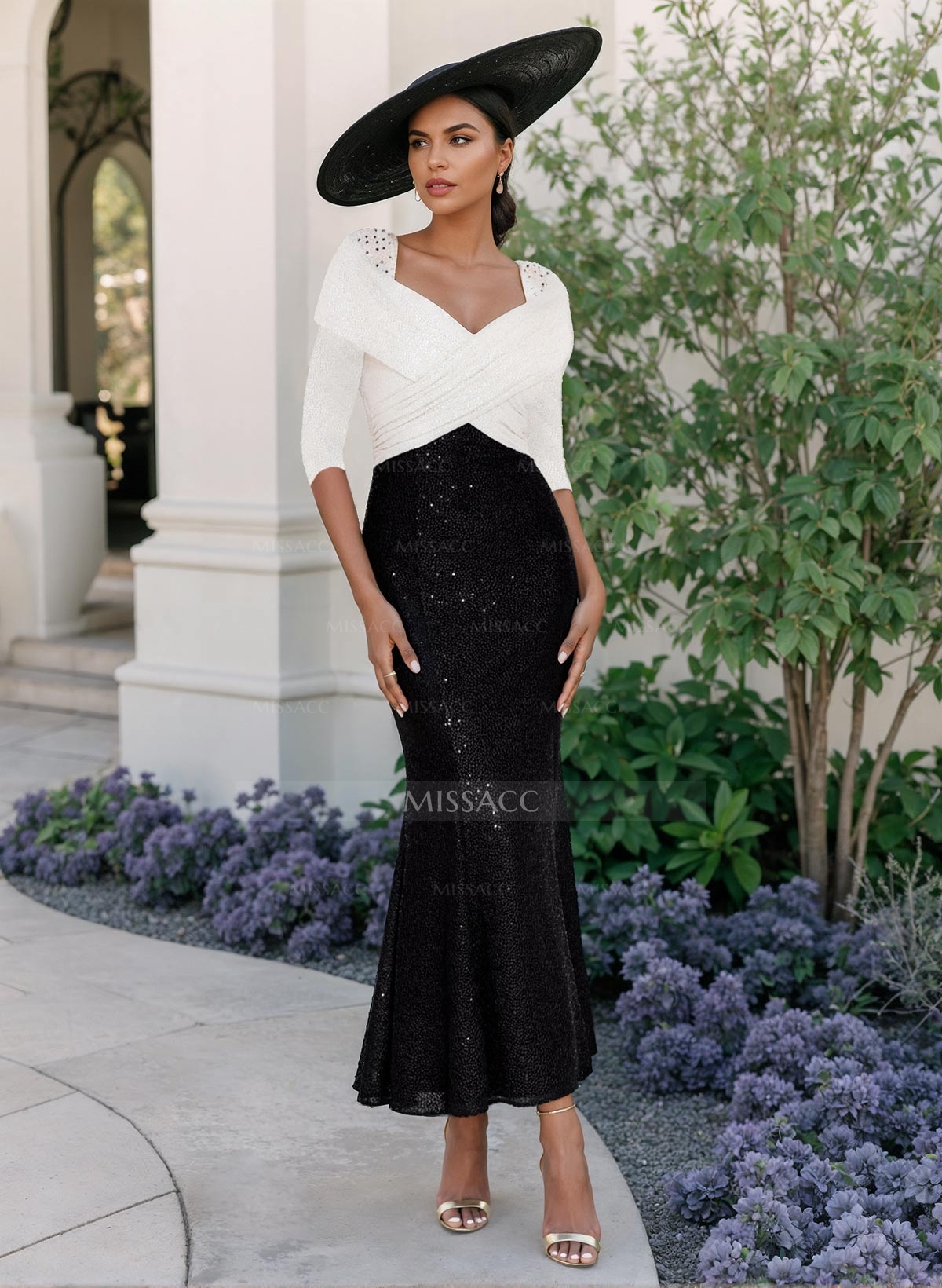 Trumpet/Mermaid V-Neck 3/4 Sleeves Ankle-Length Sequined Cocktail Dresses