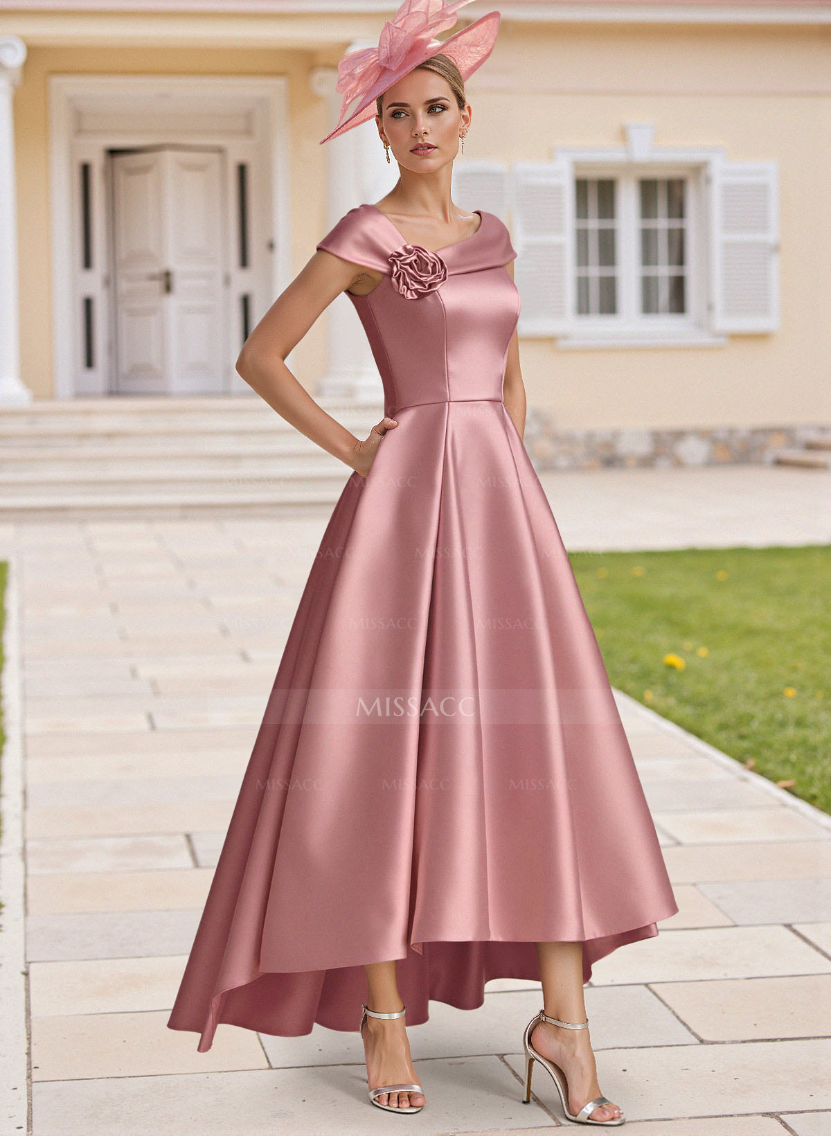 Classic A-Line Sleeveless Asymmetrical Satin Cocktail Dresses With Flower