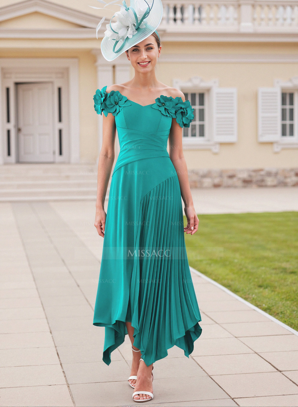 Flower(s) Off-The-Shoulder Asymmetrical Pleated A-Line Stretch Chiffon Cocktail Dresses