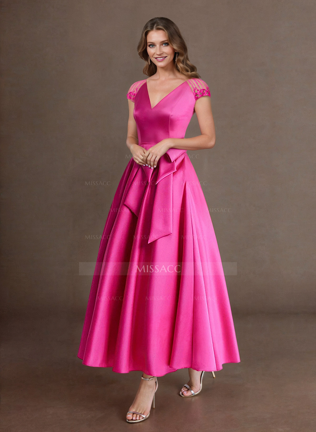 Elegant A-Line V-Neck Cap Sleeves Cocktail Dresses With Bow(s)/Pockets