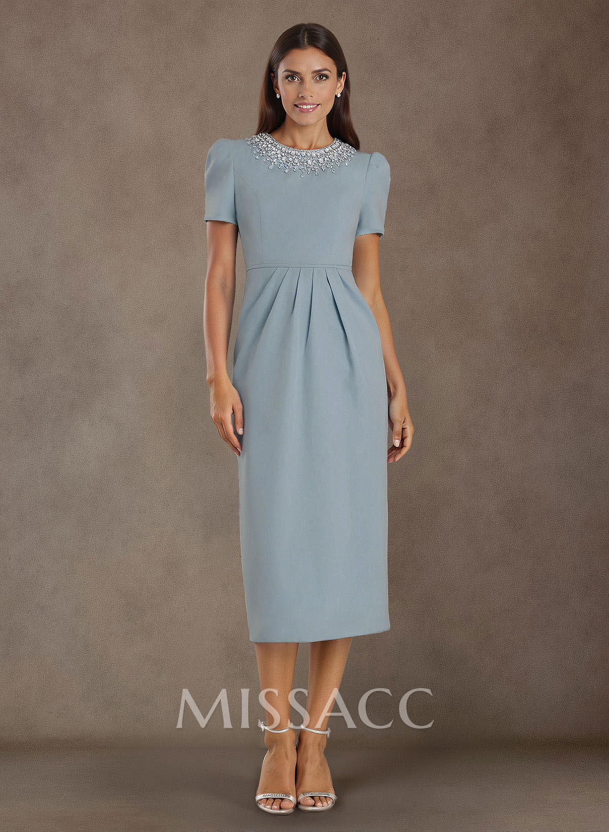 Elegant Rhinestone Scoop Neck Short Sleeves Back Slit Tea-Length Elastic Satin Cocktail Dresses