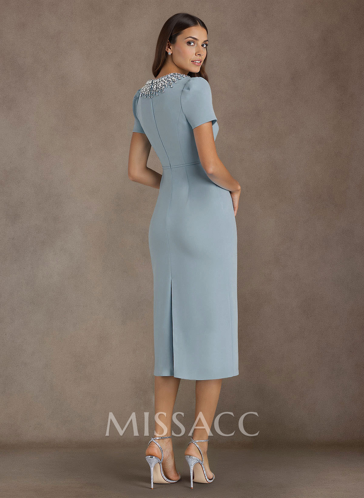 Elegant Rhinestone Scoop Neck Short Sleeves Back Slit Tea-Length Elastic Satin Cocktail Dresses