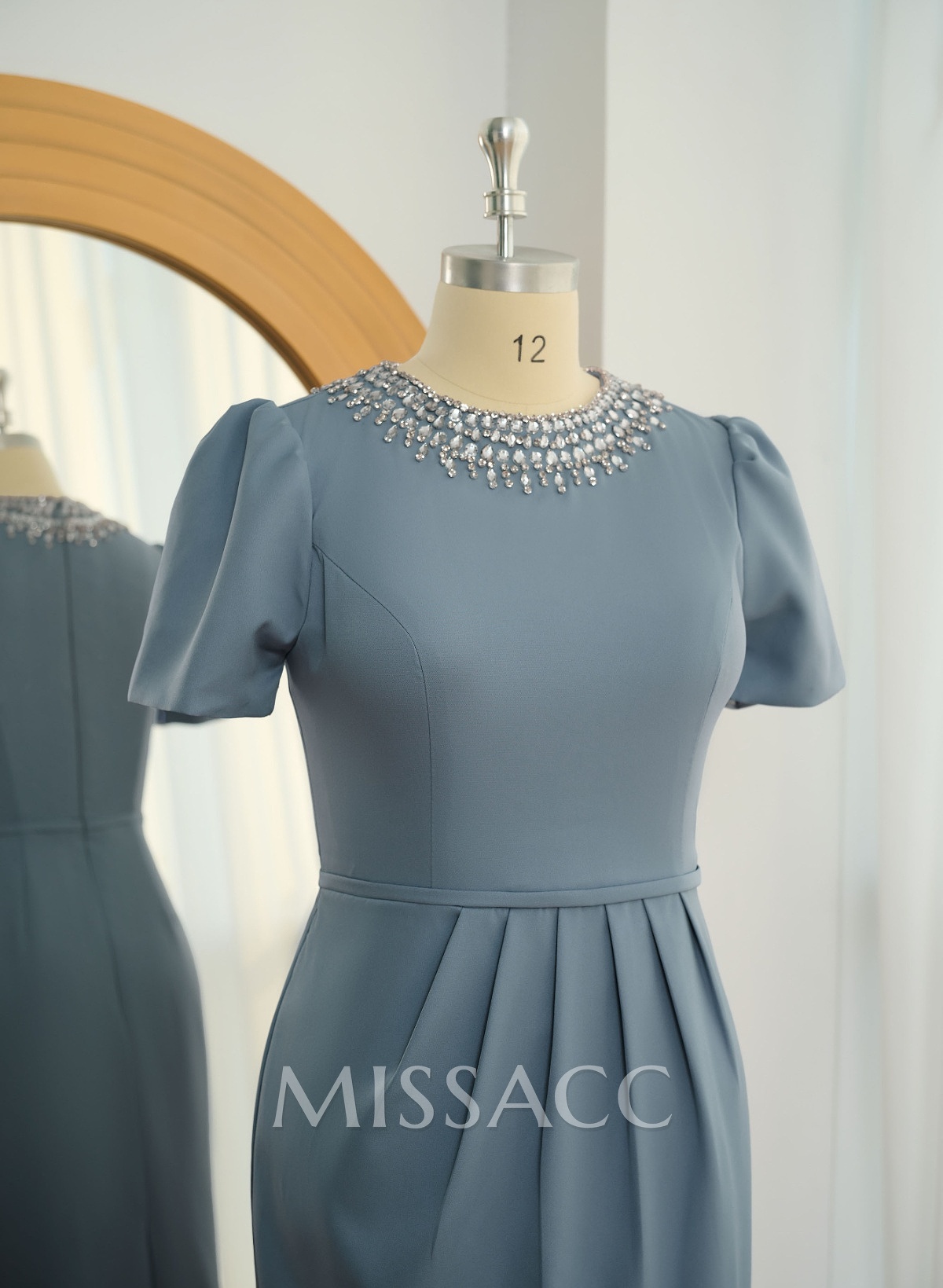 Elegant Diamante Scoop Neck Short Sleeve Back Slit Midi Stretch Satin Cocktail Dresses