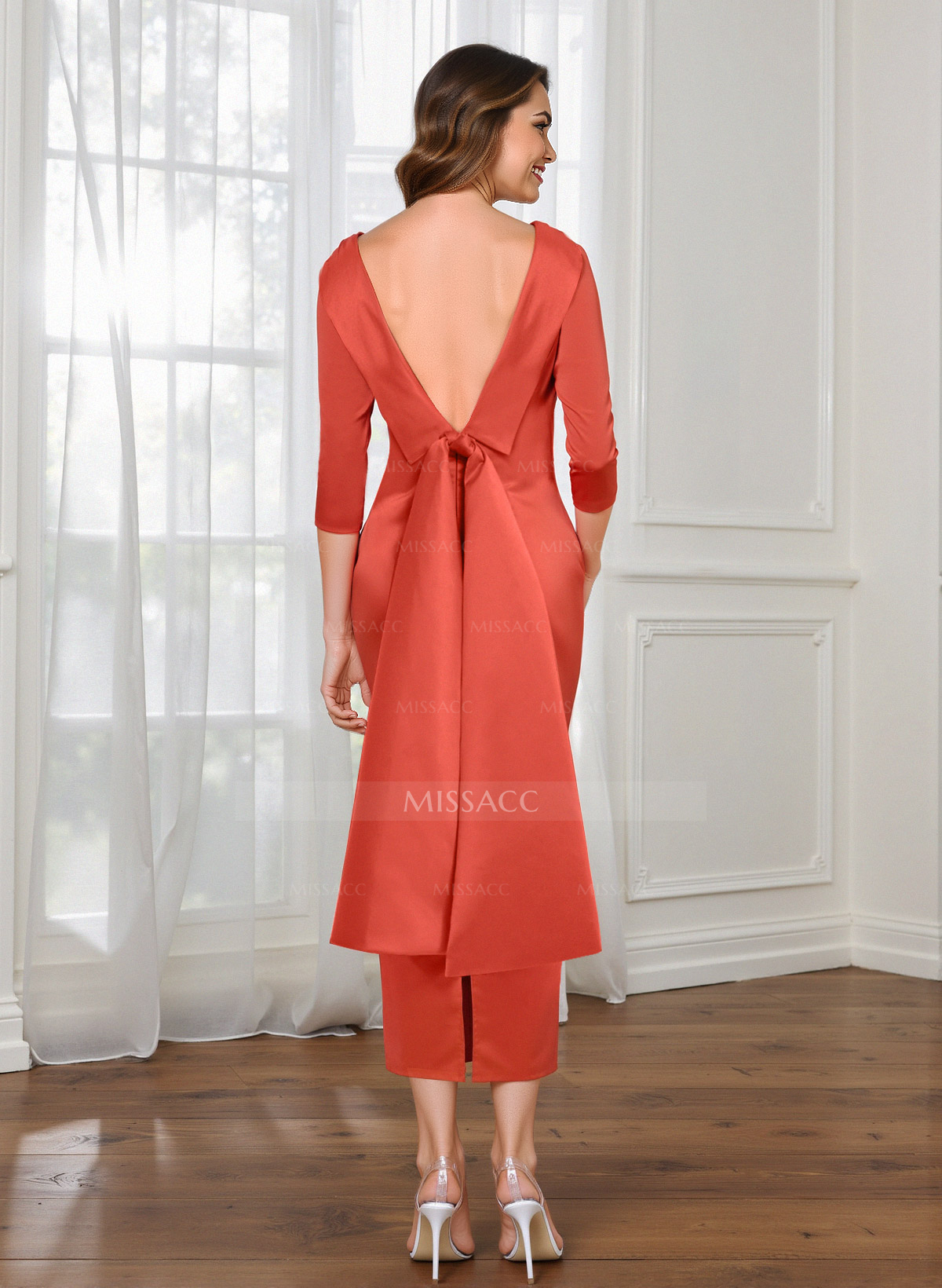 Sheath/Column Scoop Neck Satin Cocktail Dresses With Bow(s)