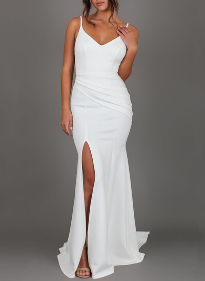 Elegant V-Neck Spaghetti Straps Split Front Mermaid Sweep Train Elastic Satin Evening Dresses