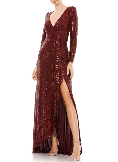 Sparkle & Shine V-Neck Long Sleeves Ruffle High Split Asymmetrical A-Line Sequined Evening Dresses