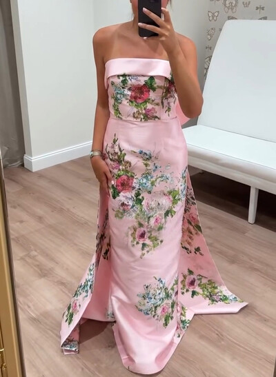 Elegant Strapless Sleeveless Back Slit Floor-Length Bow(s) Evening Dresses