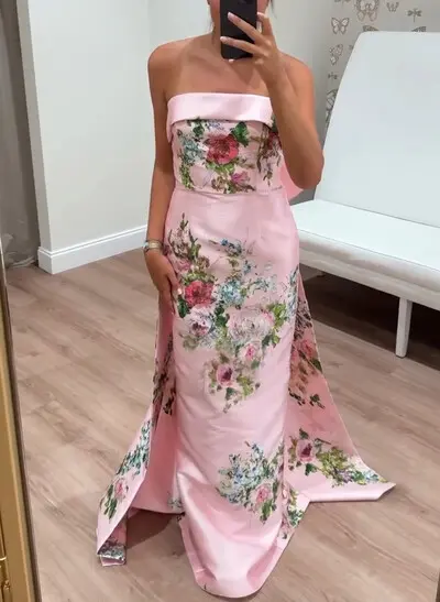 Sheath/Column Strapless Floor-Length Evening Dresses With Bow(s)/Back Slit/Floral-Print