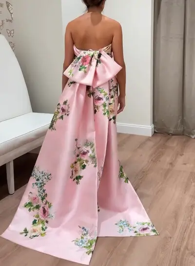 Sheath/Column Strapless Floor-Length Evening Dresses With Bow(s)/Back Slit/Floral-Print