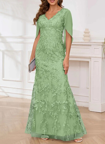 Elegant V-Neck Chiffon Cape Sleeves Mermaid Floor-Length Lace Evening Dresses