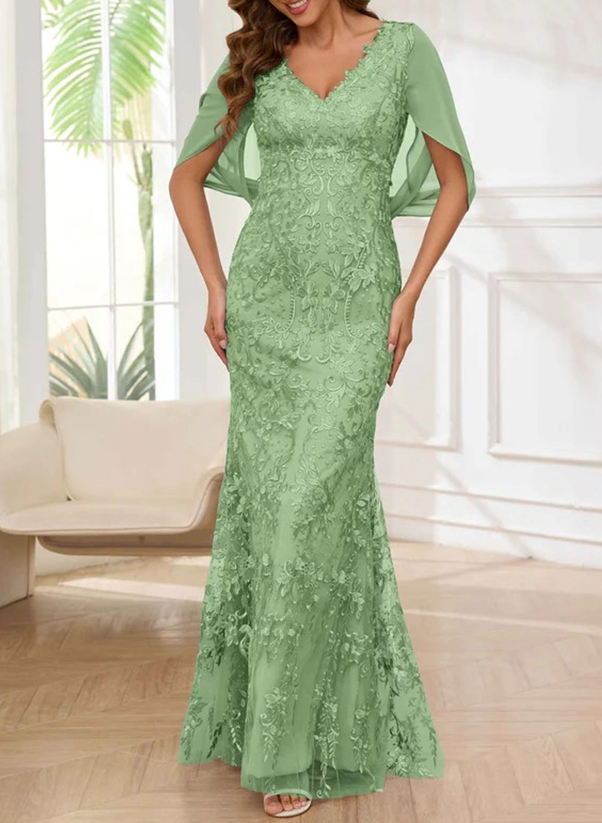 Elegant V-Neck Chiffon Cape Sleeves Mermaid Floor-Length Lace Evening Dresses