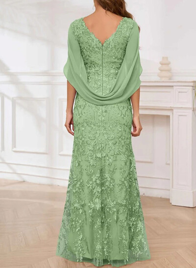 Elegant V-Neck Chiffon Cape Sleeves Mermaid Floor-Length Lace Evening Dresses