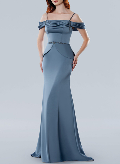 Elegant Cold Shoulder Mermaid Sweep Train Crepe Satin Evening Dresses With Sequins