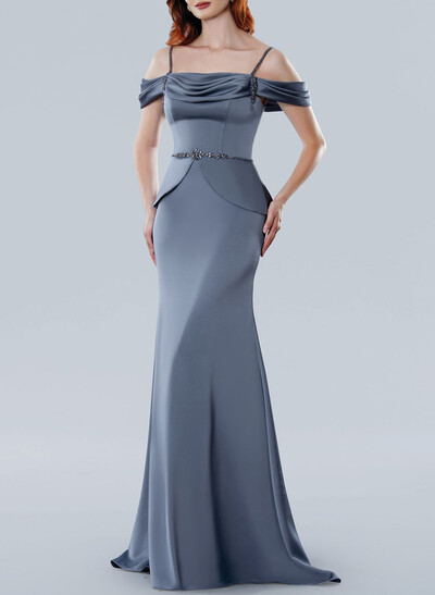 Elegant Cold Shoulder Mermaid Sweep Train Crepe Satin Evening Dresses With Sequins
