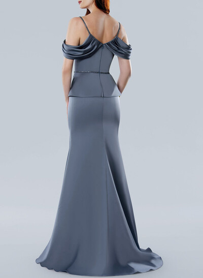 Elegant Cold Shoulder Mermaid Sweep Train Crepe Satin Evening Dresses With Sequins