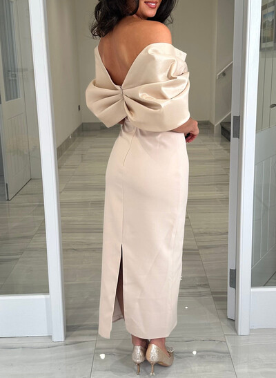 Elegant Off-The-Shoulder Ankle-Length Elastic Satin/Liquid Satin Evening Dresses With Back Slit